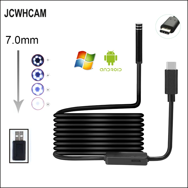 JCWHCAM Водонепроницаемый эндоскоп 6 светодиодов 1 м 5 7 10 жесткий кабель USB Type C USB|camera