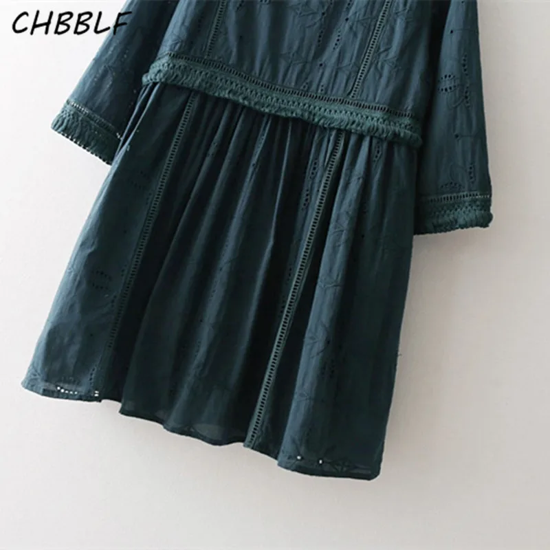 CHBBLF retro pleated dress three quarter sleeve female embroidery mini green dresses vestidos XDN9232 | Женская одежда