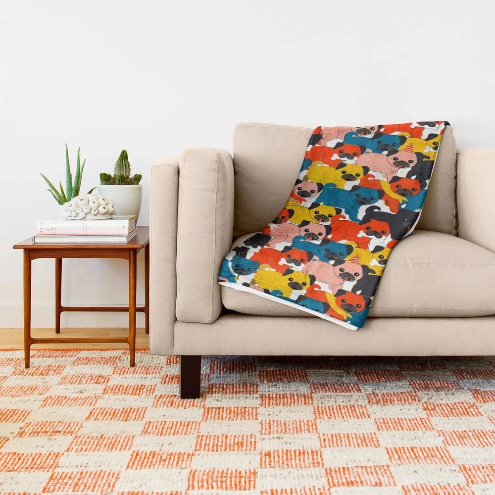 Цветное покрывало с рисунком мопса дизайнерское мягкое флисовое Луной и