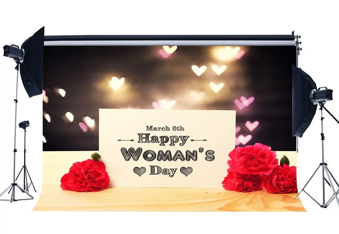 

Happy Mother's Day Backdrop for Photography Red Fresh Carnation Flowers Bokeh Sweet Glitter Hearts Background