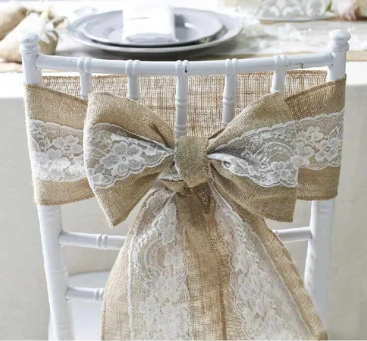 

6 pcs/lot Hessian Jute Burlap Chair Sashes Jute Chair Tie Bow Rustic Wedding decor vintage wedding decoration centerpieces