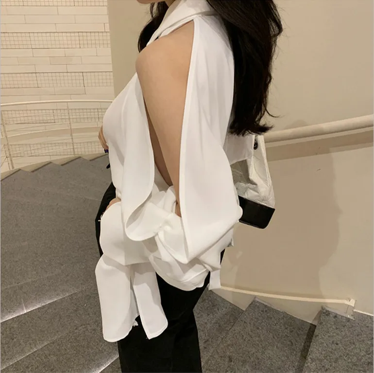 WHITNEY WANG 2019 Весенняя модная Уличная Сексуальная блуза с разрезом на спине бантом и