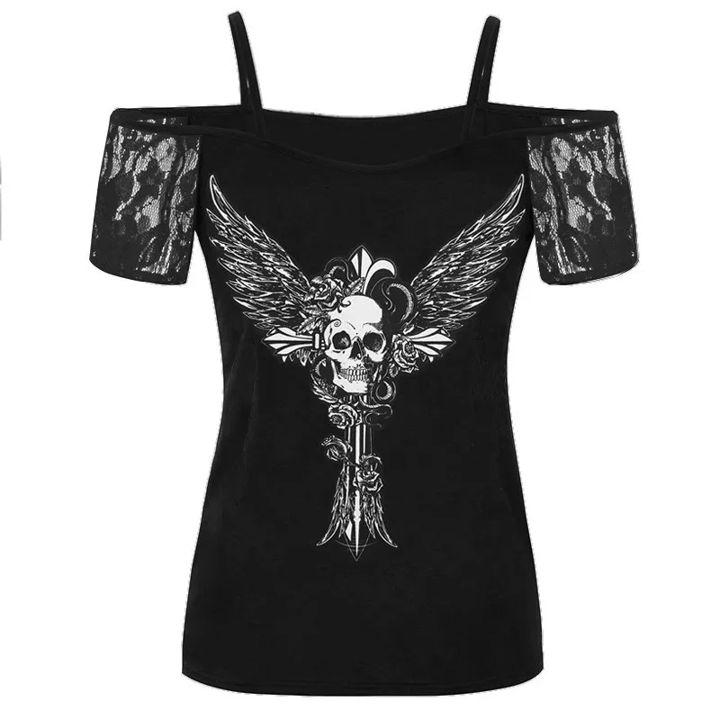 2019 футболка с принтом черепа крыльев женская Европейская Новая летняя Кружевная