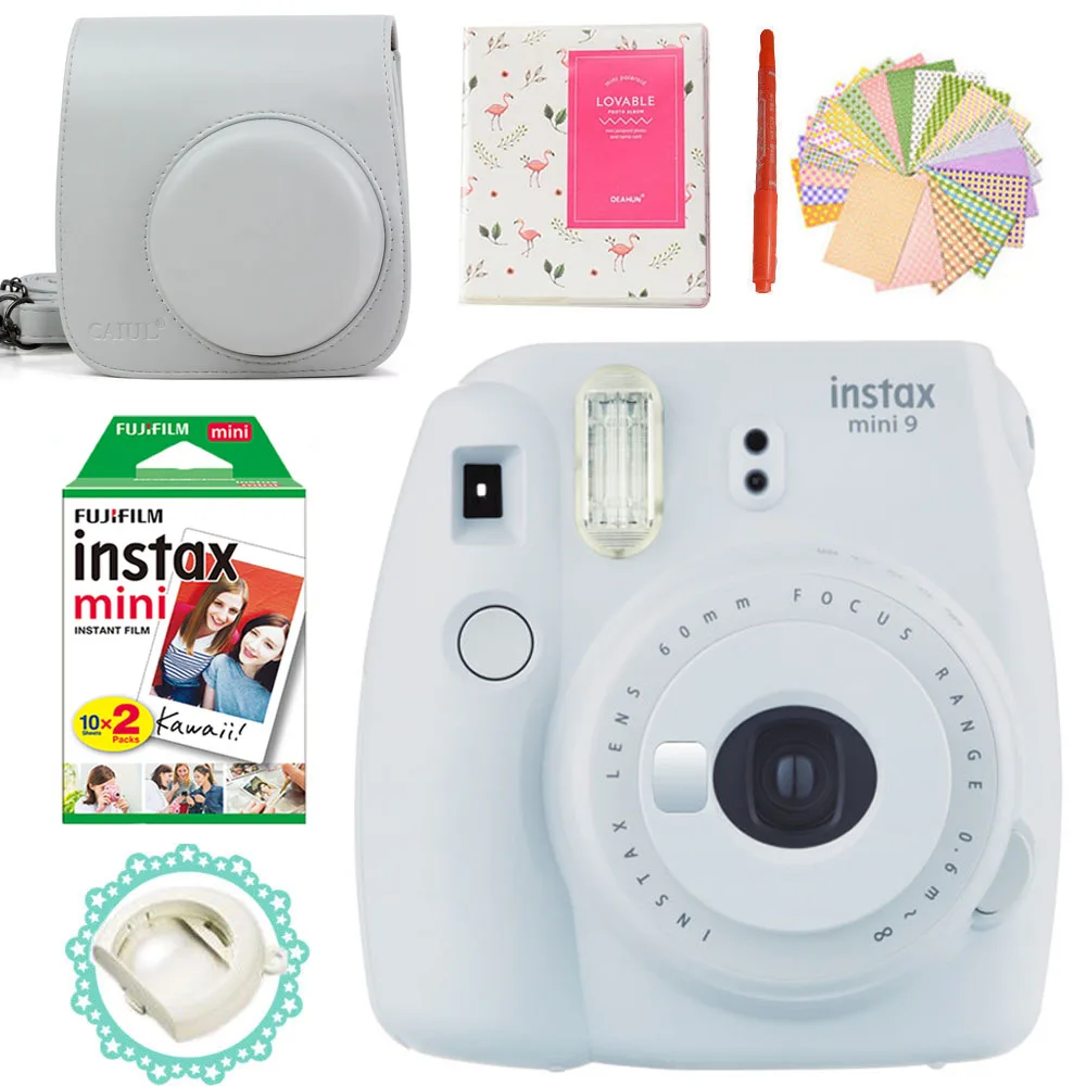Фотокамера моментальной печати Fujifilm Instax Mini 9+ 20 снимков Instax Mini 8 белых пленок фото+ чехол для переноски/альбом/ручка/наклейки - Цвет: Smoky White
