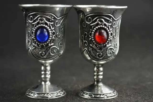 

Old Decoration Handwork Tibet Silver Carving Flower Inlay Bead Pair Cup