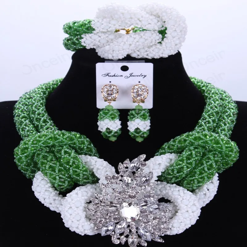 Green And White African Beads Jewelry Set Handmade Crystal Bridal Necklace Jewelry Set Choker Women Jewelry Set 2018