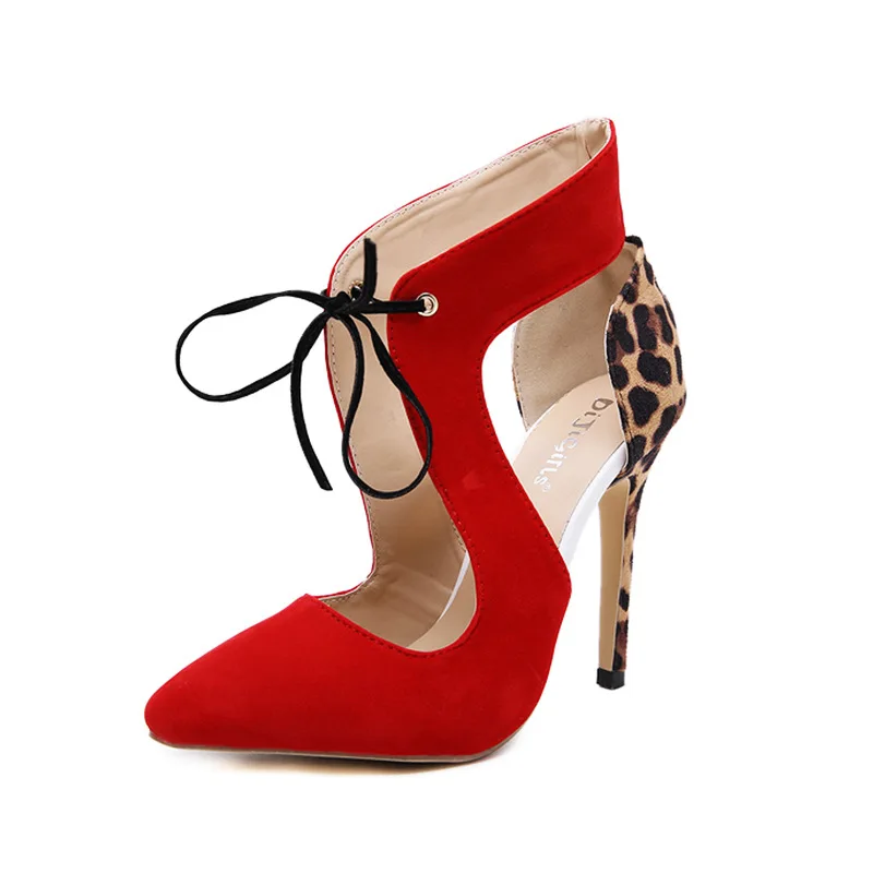 Shallow Cut Lace Up Covered Heel Stiletto Party Nightclub Shoes Women Sexy Leopard Suede Leather Pointed Toe Pumps | Обувь