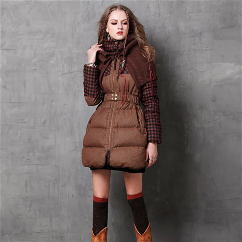 Винтажное теплое женское пуховое пальто зимнее классическое пончо клетчатое