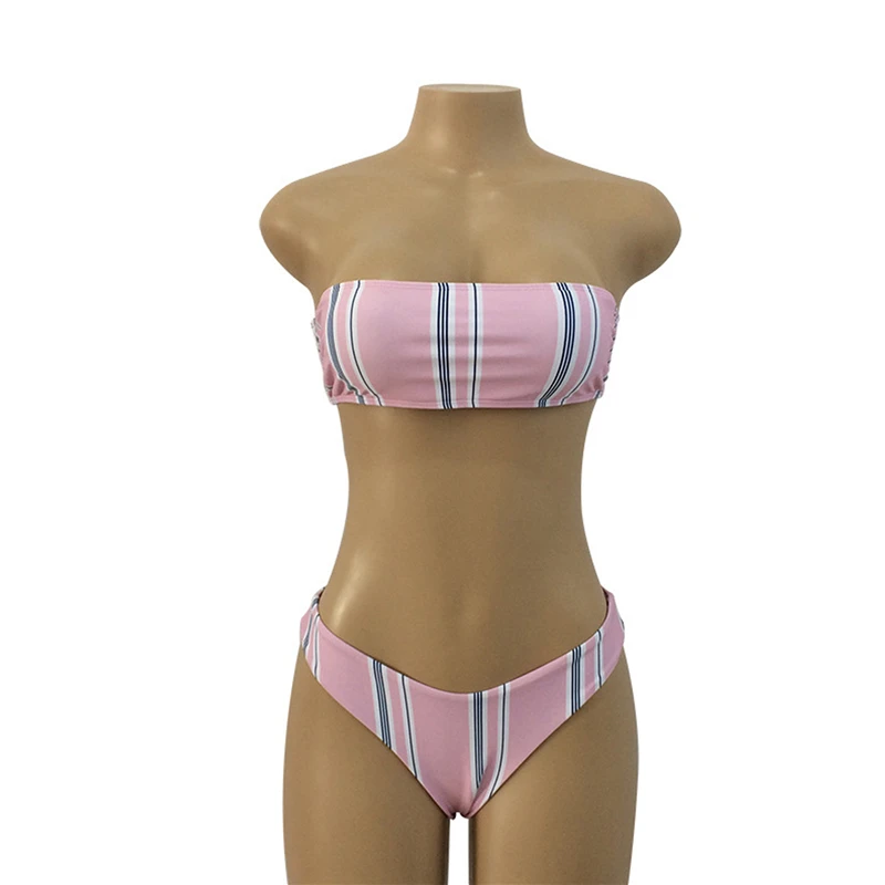 Розовый полосатый Женский Бикини Набор Новый лоскутный купальник с открытыми