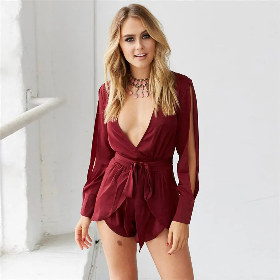 #5505 Новый дизайн женские с длинным рукавом Глубокий V сплошной цвет Playsuit Летний