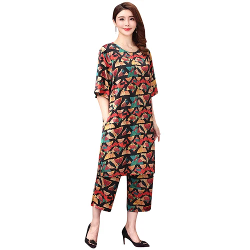 Женское шелковое платье из двух частей классическое с круглым вырезом и широкими штанинами в литературном