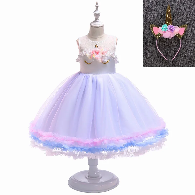 Purple and headdress С цветочным узором для девочек с единорогом; платье-пачка пастельная Радуга для свадьбы, вечерние Детские платья для маленьких девочек модные Рождественская одежда - Цвет: Purple and headdress