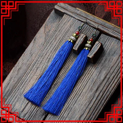 Женские винтажные этнические серьги с бахромой длинные синие в виде ракушек и