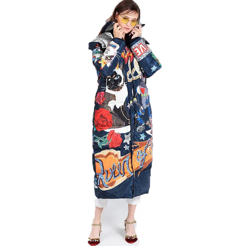 2019 New Women Winter Long Thick Duck Down Jacket Coat Femme Cartoon Cat Print Harajuku Feather Puffer Jacket Down Parka W58