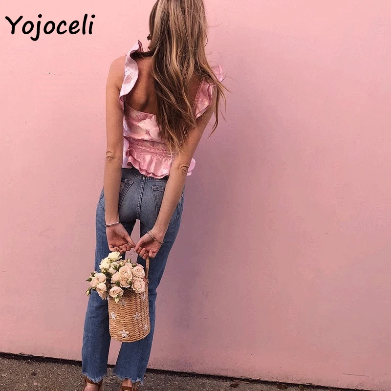 Yojoceli 2019 Мода рюшами женские блузки рубашки из кружев кроше с укороченные топы