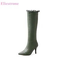 brand new hot winter sexy black green women knee high motorcycle boots lady shoes ac086 high heel plus big size 11 32 43 46