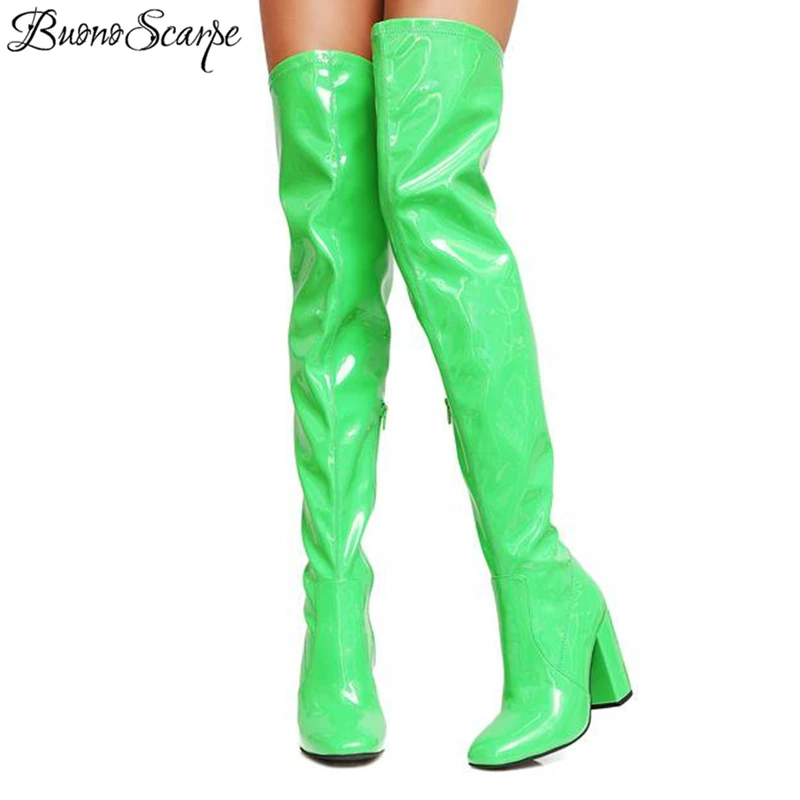 

BuonoScarpe 2018 Over The Knee High Heel Boots Patent Leather Royal Long Boots Sexy Party Botas Mujer Zipper Chunky Heel Shoes