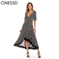 cinessd polka dot dress deep v neck irregular ruffled bohemian long open back ankle length dress 2019 summer womens dress