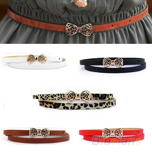 

Fashion Women's Lady PU Leather Thin Narrow Bowknot Waist Belt Waistband Strap