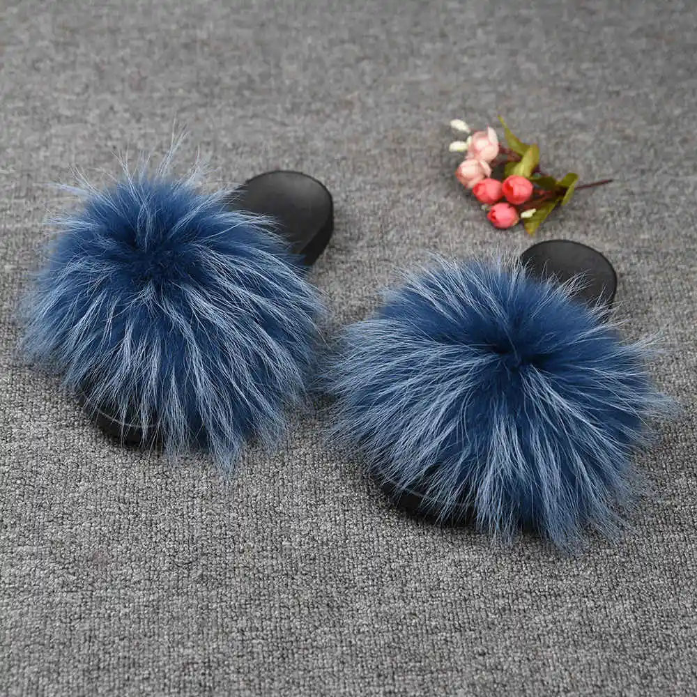 Raccoon White Blue Женские шлепанцы с натуральным мехом енота; модные стильные шлепанцы; сезон весна-осень-зима; Домашние вьетнамки на плоской подошве; S6020A - Цвет: Raccoon White Blue