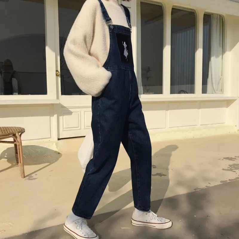 Spring Autumn Contrast Print Denim Jumpsuits Women Vintage Fashion New Jean Overalls for Loose Long Pants Jumpsuit | Женская одежда