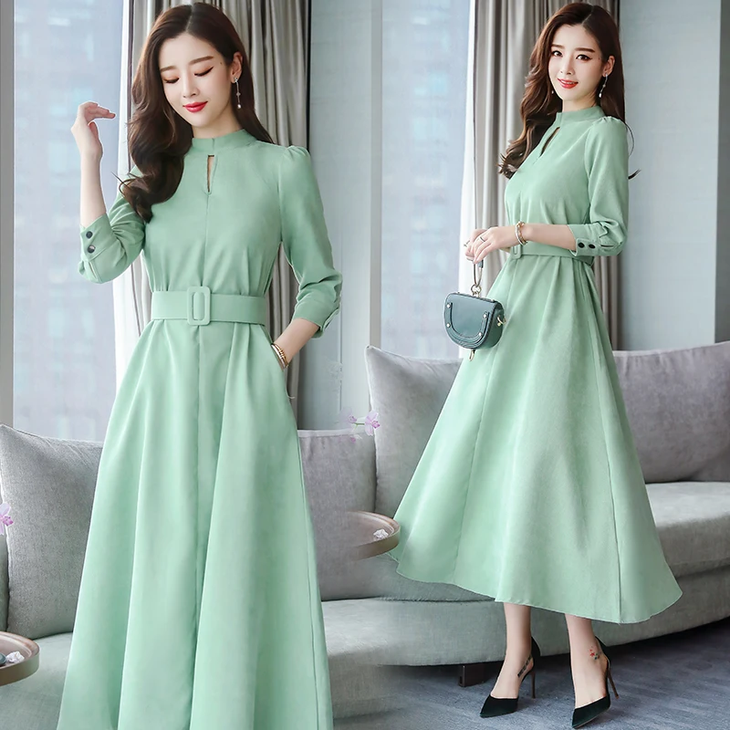 

2019 New Fashion Women's A Word Dress Spring Decoration Body Was Thin French Retro Seven-quarter Sleeve Ladies Dresses Over Knee