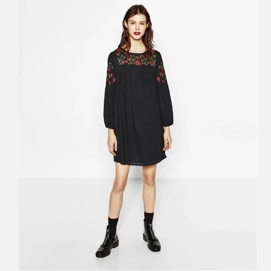 Новые Моды для Женщин Урожай Цветочные Вышивка Свободные Плиссе Dress Plack Фонарь