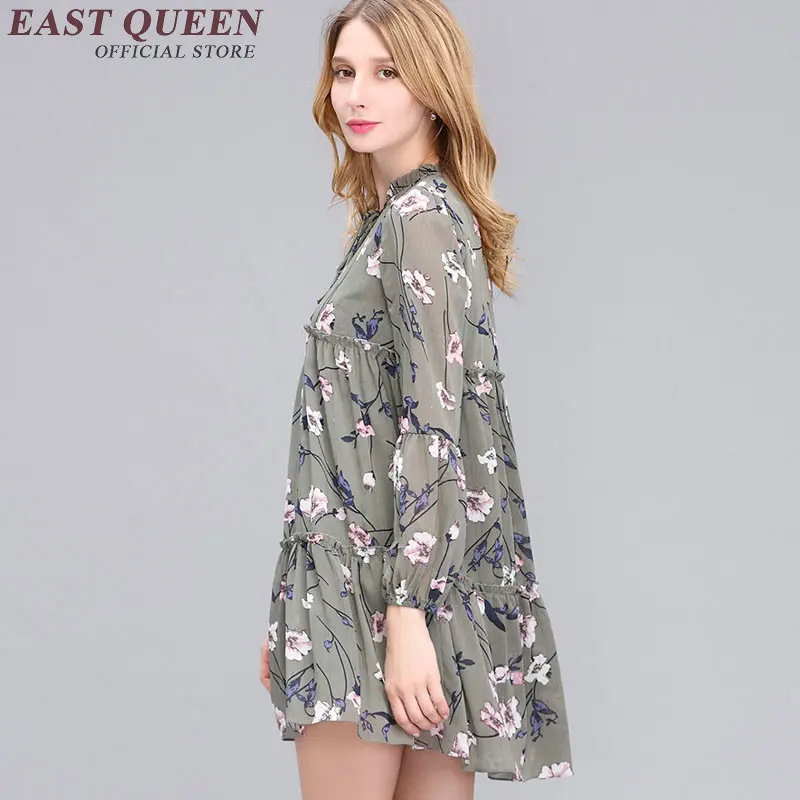 

Women Flower Print Dress Long-Sleeve Spring Summer Mini Beach Dress Casual A Line Dress Female KK1139 A