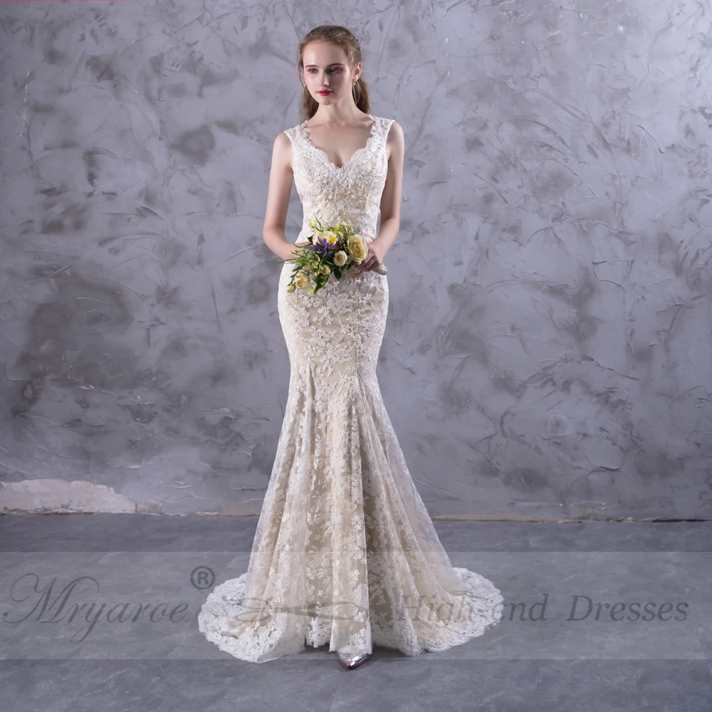 Mryarce vestido de novia Замочная скважина сзади Кружева Русалка Свадебные платья Свадебное платье с v-образным вырезом Свадебные платья «Принцесса»