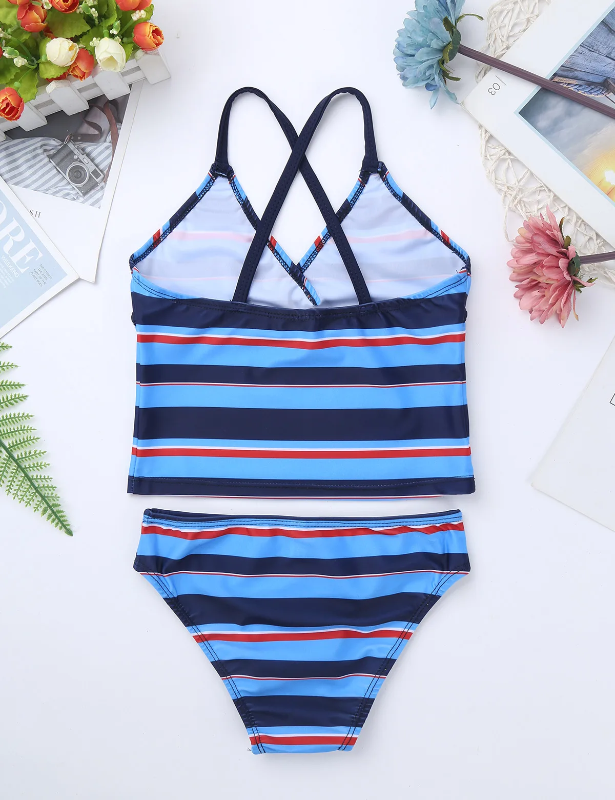 TiaoBug Kids Teens Tankini Spaghetti Straps Striped Swimsuit Swimwear Tops Bottoms Bikini Set Children Girls Beach Bathing Suits