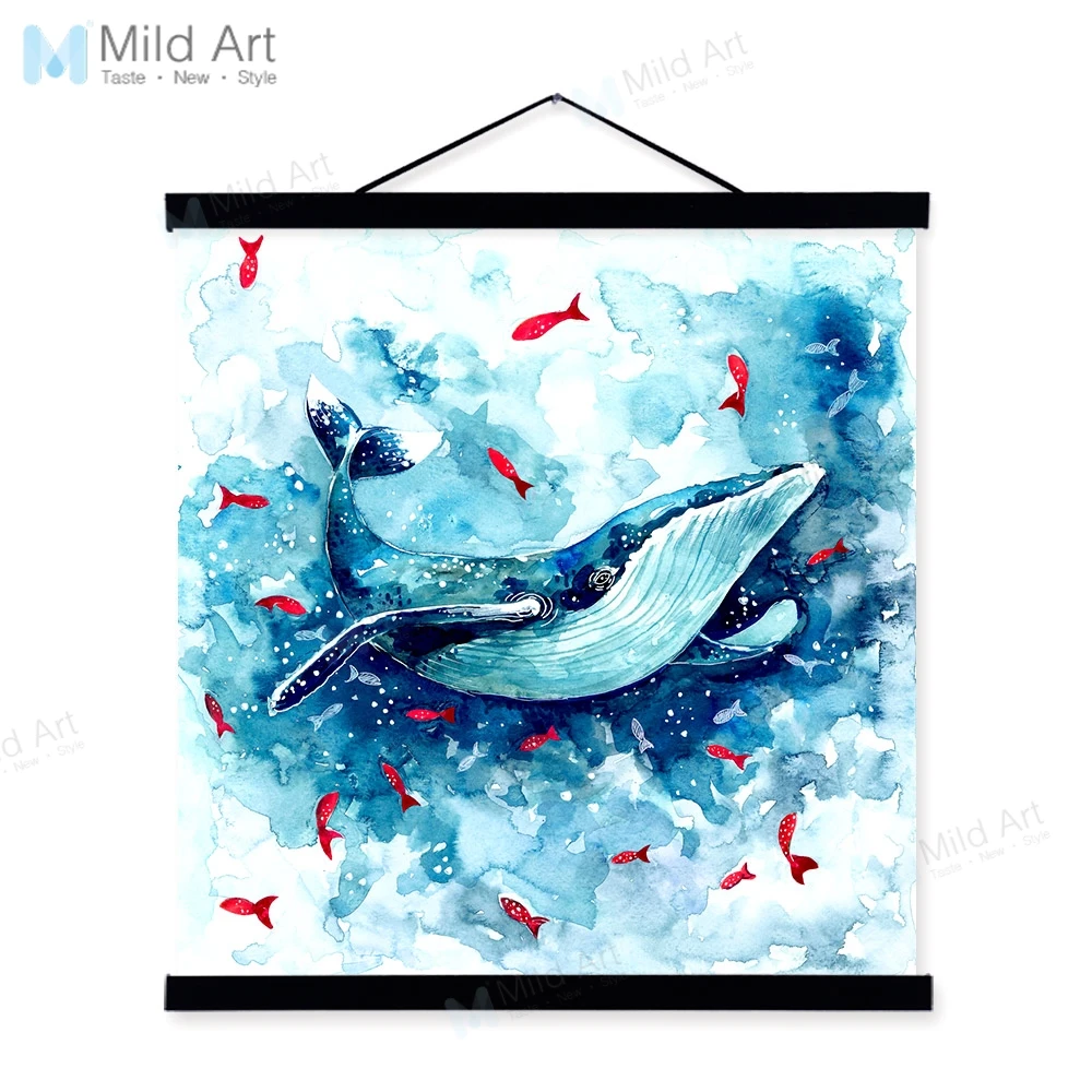 Акварельные синие рыбки кит деревянные каркасные холщовые картины