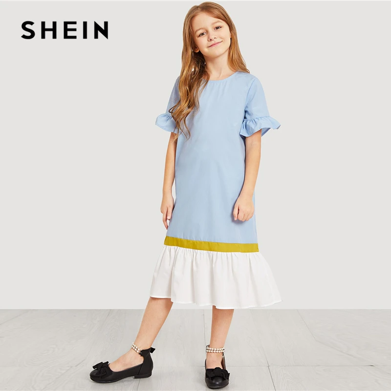 SHEIN детский вырез на спине, вставками и гофрированное, с пуговицами, туника, для девочки-подростка вечерние миди платье Лето Цельнокройное повседневные платья для девочек