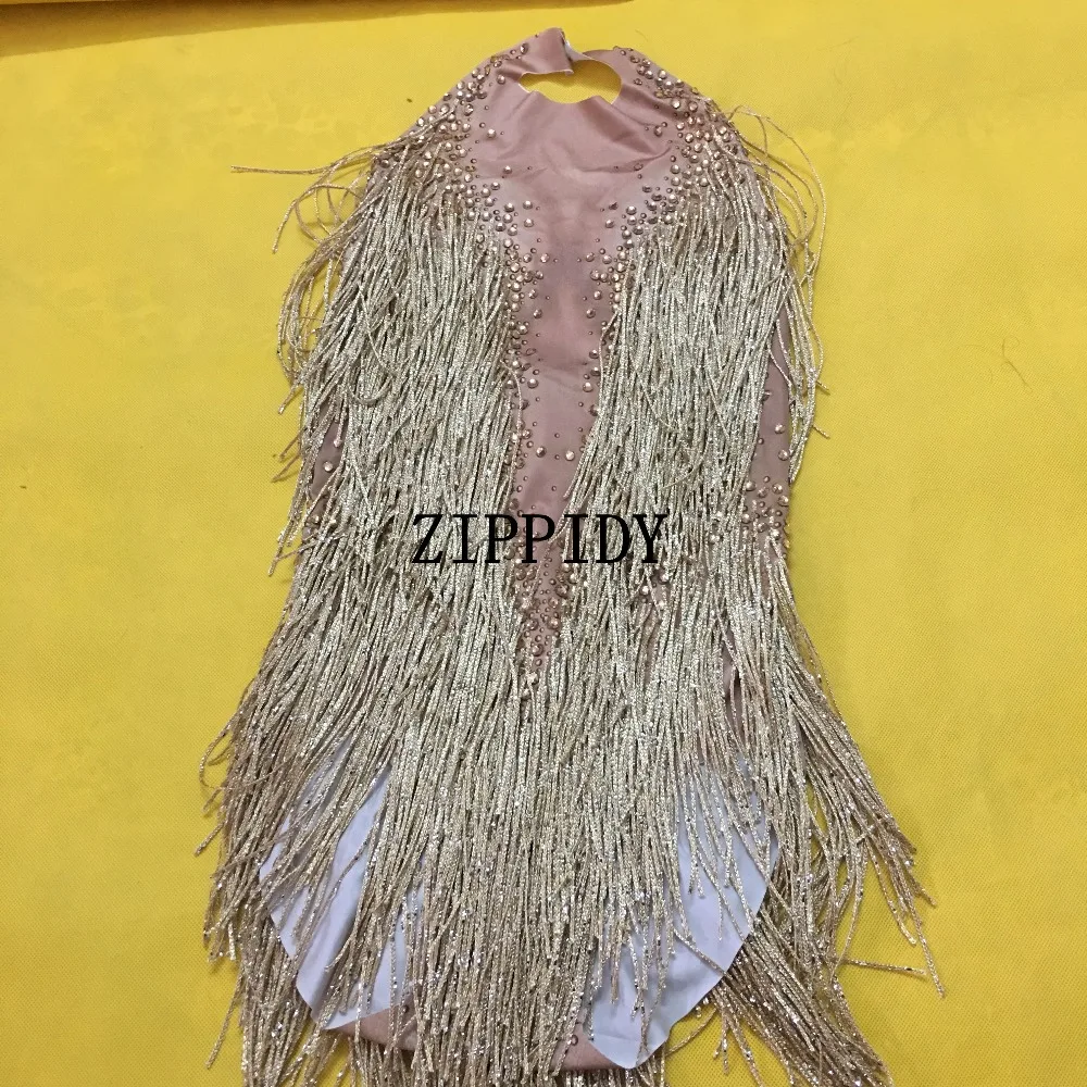 Sparkly Gold Tassel Bodysuit Rhinestones Outfit Glisten Beads Costume One-piece Dance Wear Singer Stage Leotard Headdress