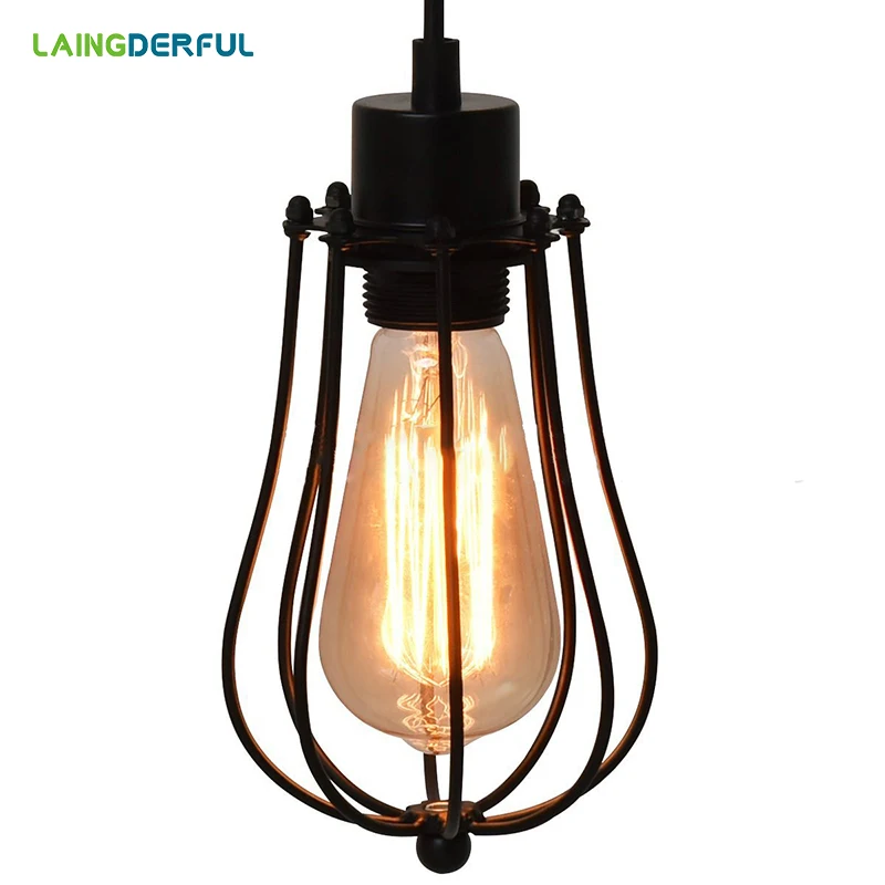 

LAINGDERFUL Retro Nordic Black Wire Pendant Lamp Vintage Industrial Pendant Light Iron Classic Black Guard Cage