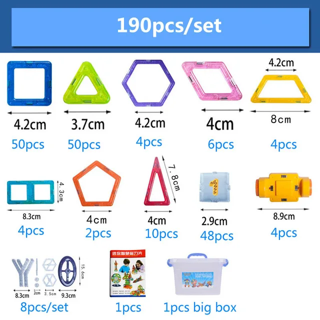 190PCS With Box Новые магнитные блоки, Магнитный конструктор, набор для строительства, модель, строительная игрушка, Пластиковые Магнитные Развивающие игрушки для детей, подарок для детей - Цвет: 190PCS With Box