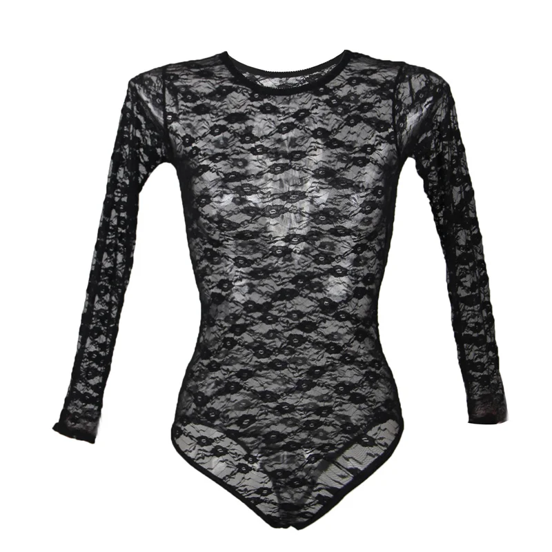 black bodysuit Comeondear, боди размера плюс с круглым вырезом, Кружевное боди для женщин, сексуальный прозрачный женский комбинезон с длинным рукавом, сексуальные ночные боди RA80382 - Цвет: black bodysuit