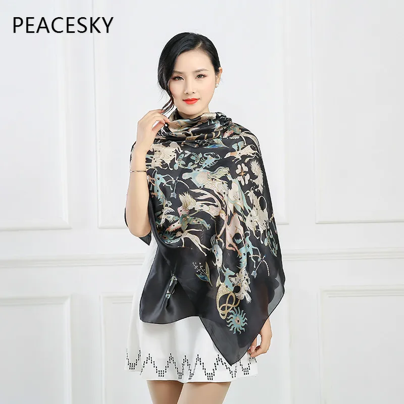 Шелковый шарф женский с цветочным принтом птицами листьями цепочками 100%