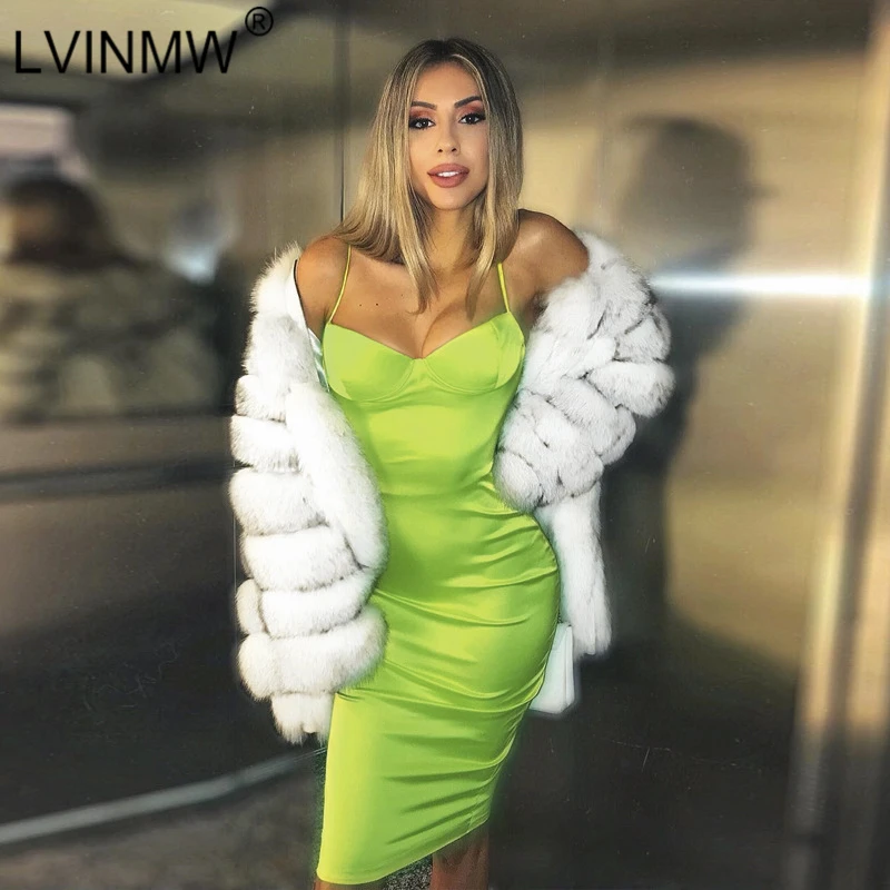 LVINMW сексуальное неоновое зеленое платье на бретельках с v-образным вырезом и