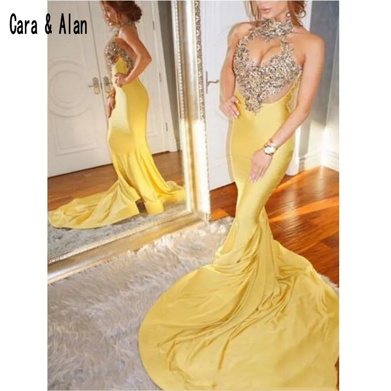 Sexy Mermaid Yellow Prom Dresses Halter Sweep Strain High Neck Formal Evening Dress Party Gowns Custom Made