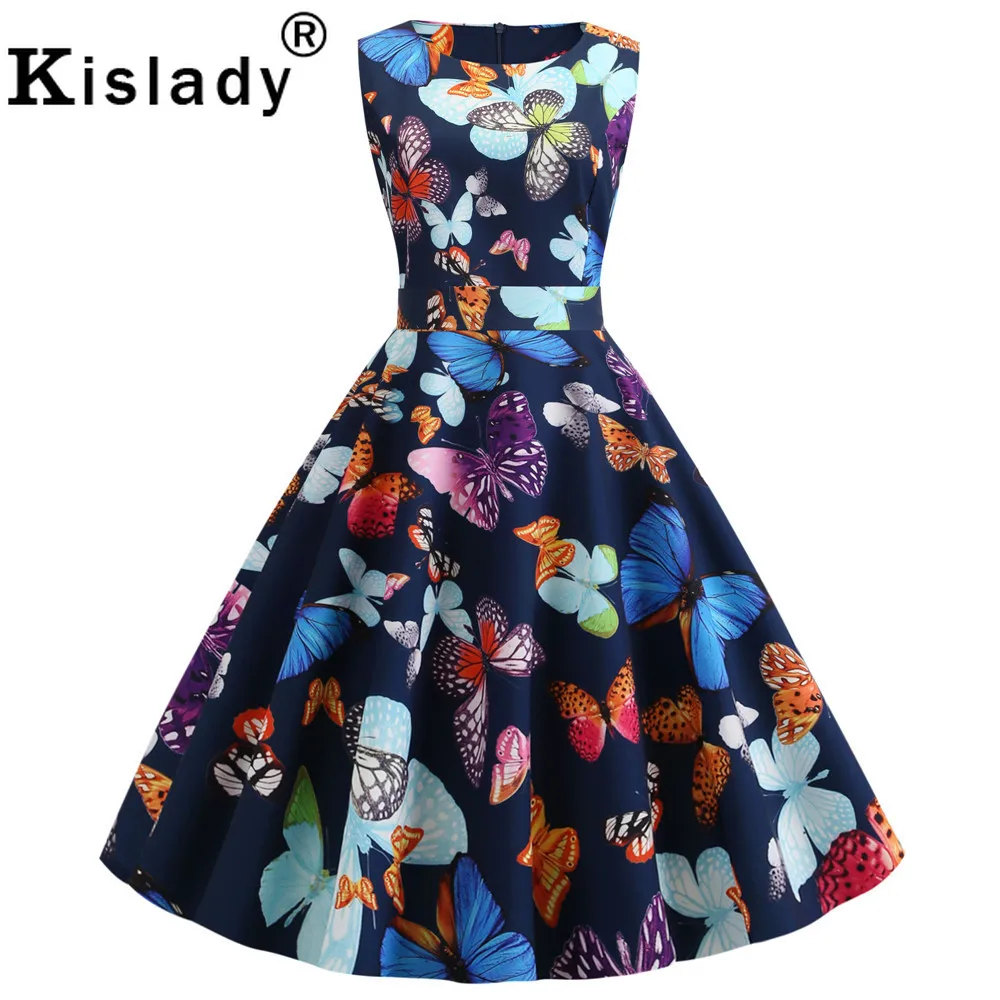 50s 60s Summer Women's Floral Print Vintage Dress Butterfly Sleeveless OL Swing Party Sexy Hepburn Beach Vestidos | Женская одежда