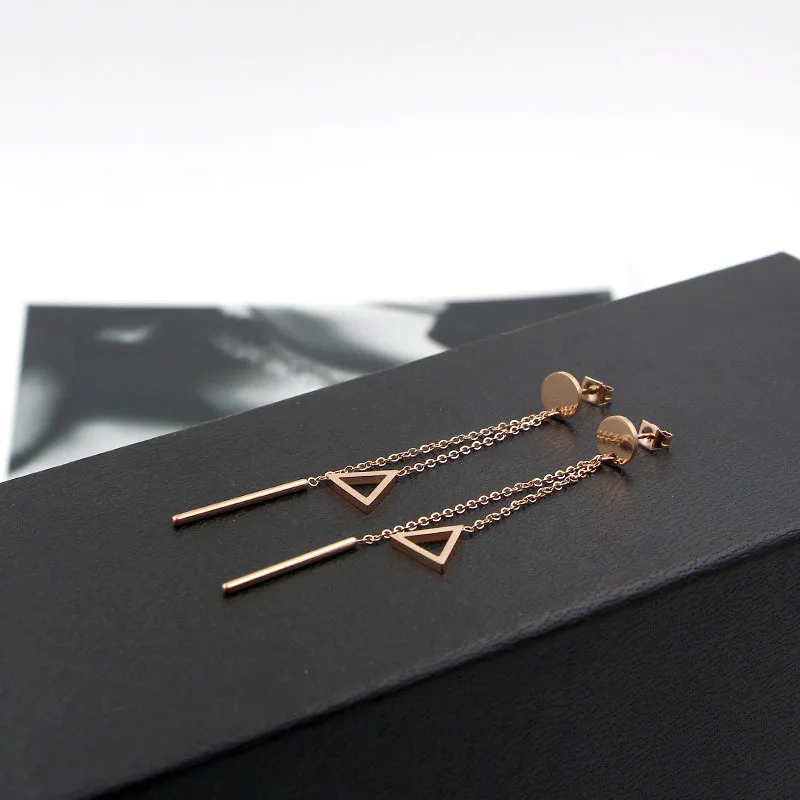 Hollow triangle tassel drop earrings for women boucle d'oreille femme Rose gold color chains stainless steel earings orecchini |