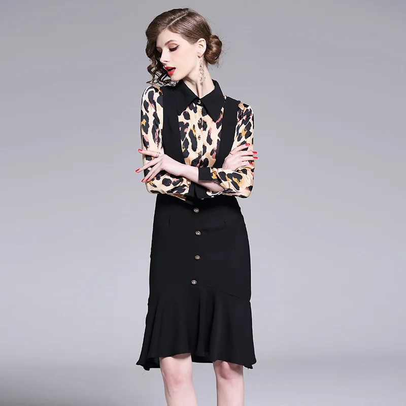 M-XXL spring summer woman dress black collar shoulder strap leopard pattern top sexy office ruffled bottom | Женская одежда