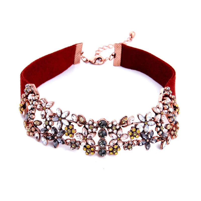 Широкий красный кожаный замшевый цветок колье ожерелье с розовым золотом цвет