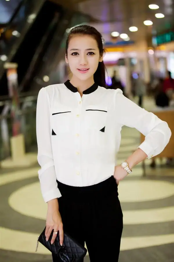 Новинка 2017 модная Популярная Корейская женская рубашка с воротником-стойкой и