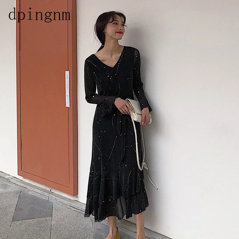 

Long Sleeve Dressblack Tropical Beach Vintage Dresses Boho Casual V Neck Belt Lace Up Tunic Draped Plus Size Dress