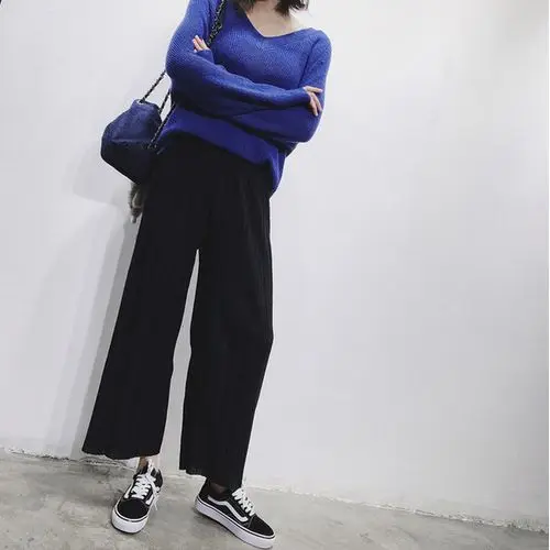 

8 Colors Women Solid Pleated Chiffon Wide Leg Pants Elastic Waist Loose Ankle-Length Pants Female Fashion Trousers 2019 New