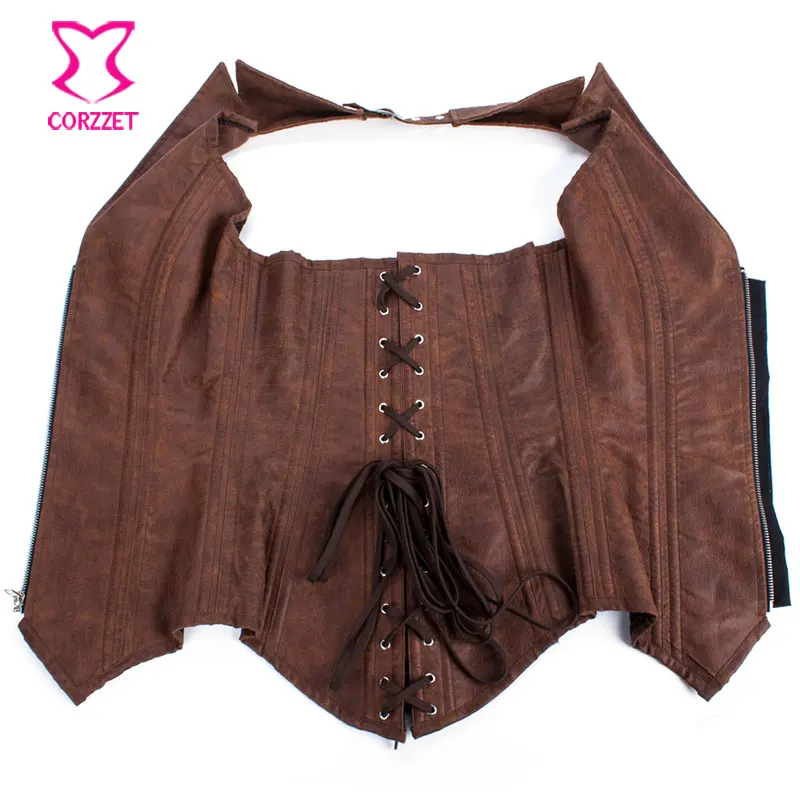 Винтажный Коричневый корсет из искусственной кожи в стиле стимпанк корсеты для