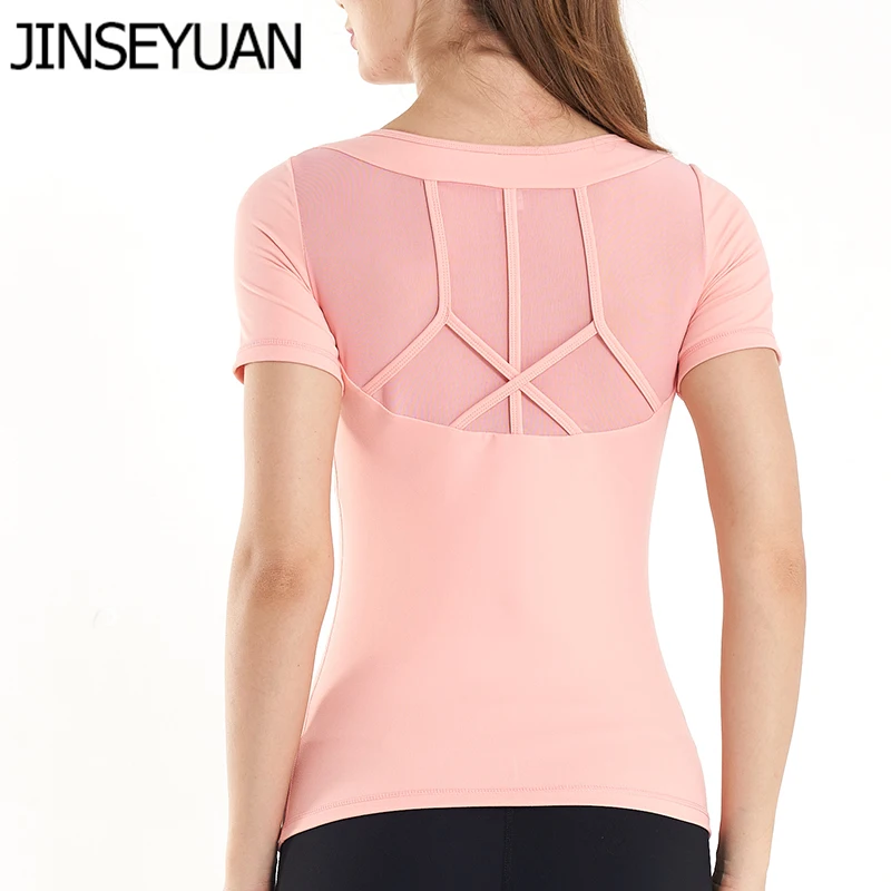 JINSEYUAN, новинка, профессиональные топы для йоги, женские, короткий рукав, круглый вырез, для спортзала, для бега, сетчатый, дышащий, спортивный топ, повседневная спортивная одежда
