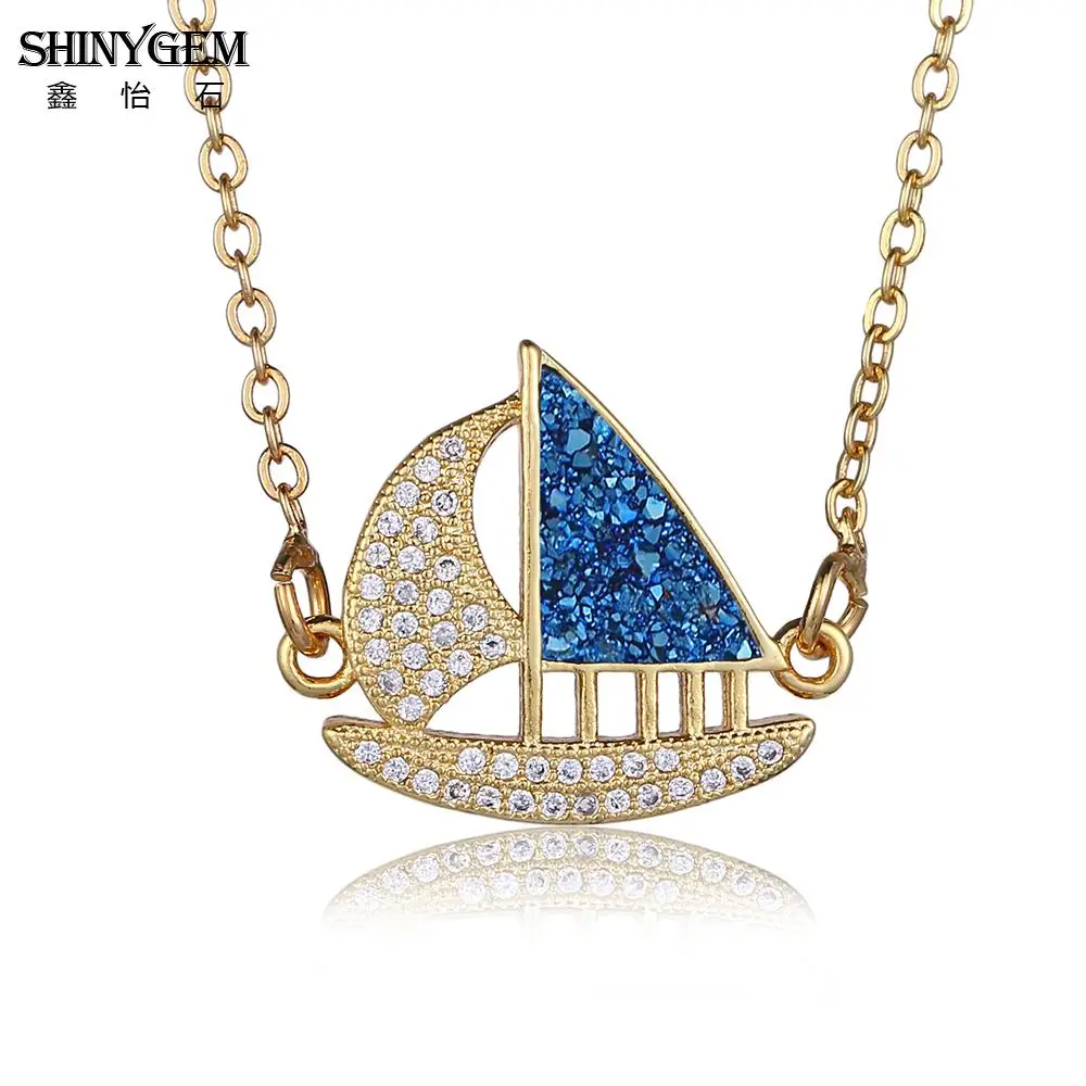 ShinyGem Lucky Sailboat Pendants Necklace AAA White Zircon Natural Crystal Druzy Necklaces Fashion Gold Gifts For Women | Украшения и