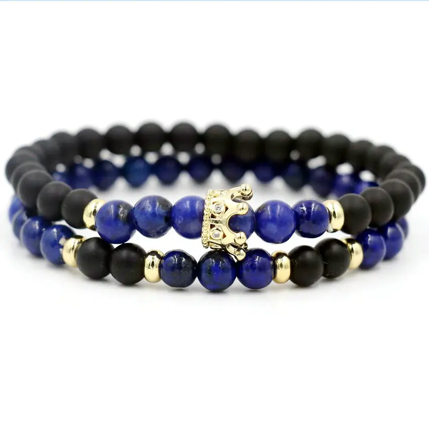 2pcs/set Natural Lapis Lazuli Stone Charm Strand Bracelets Men Inlay Zircon Love Crown Bracelet For Women Lovers' Couples Gift